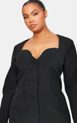 Plus Black Premium Woven Cup Detail Long Sleeve Mini Dress