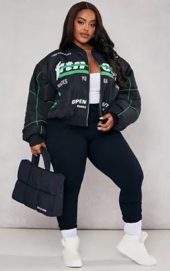 Plus Black Printed Nylon Bomber Jacket