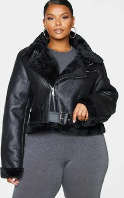 Plus Black PU Cropped Belted Aviator