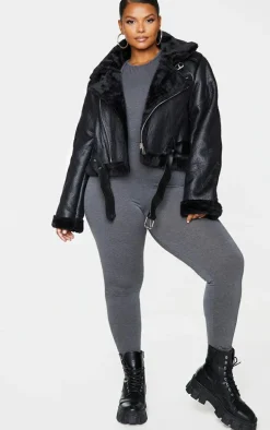 Plus Black PU Cropped Belted Aviator
