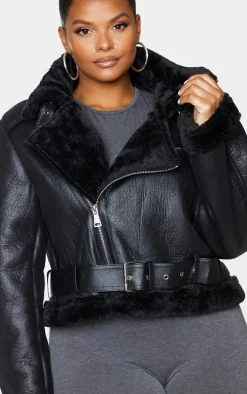 Plus Black PU Cropped Belted Aviator