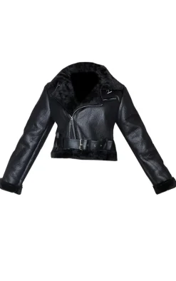 Plus Black PU Cropped Belted Aviator