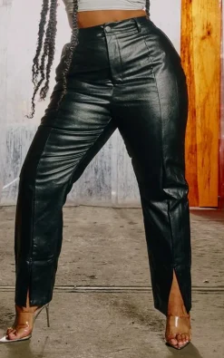Plus Black PU Split Front Hem Pants