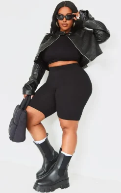 Plus Black Quilted Detail Super Cropped Faux Leather Jacket