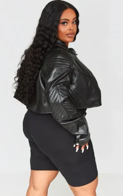 Plus Black Quilted Detail Super Cropped Faux Leather Jacket