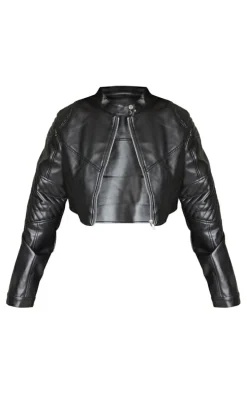 Plus Black Quilted Detail Super Cropped Faux Leather Jacket