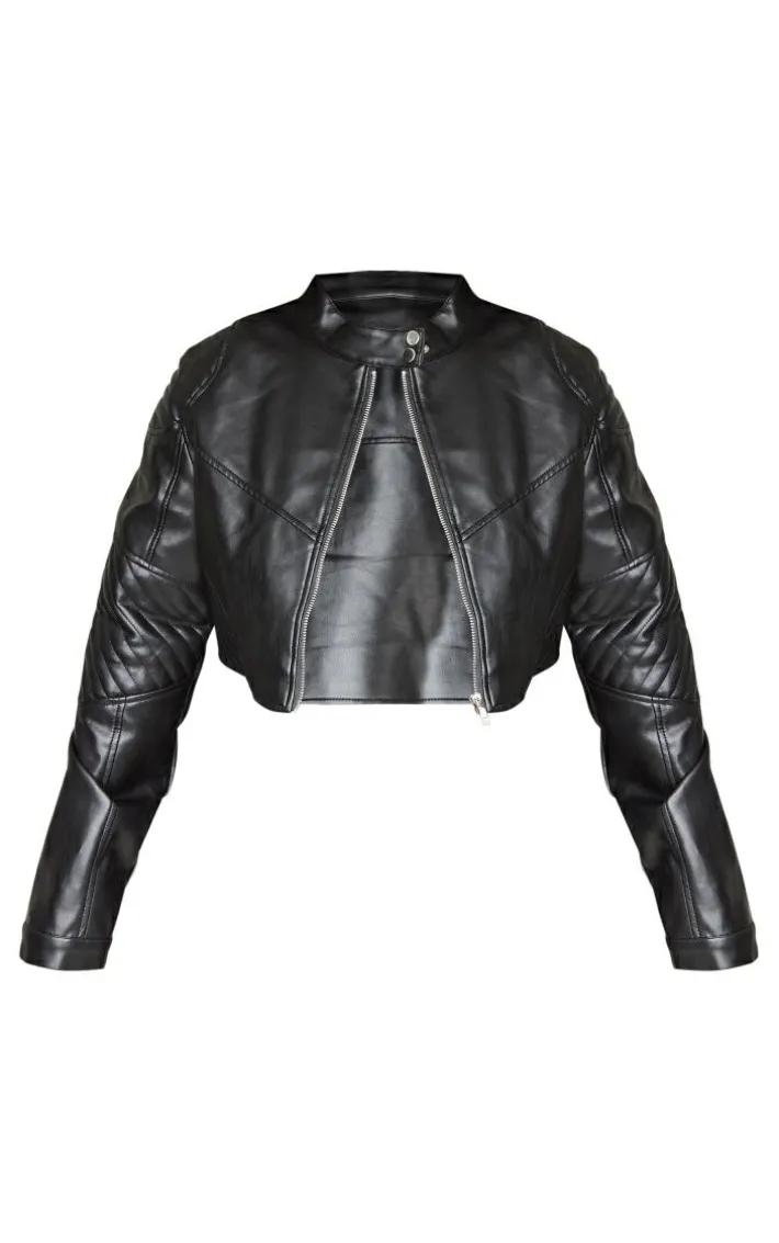 Plus Black Quilted Detail Super Cropped Faux Leather Jacket