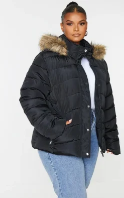 Plus Black Quilted Mara Faux Fur Hooded Puffer Jacket