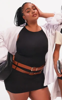 Plus Black Racer Neck Double Belt Skort Romper