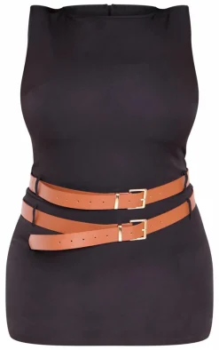 Plus Black Racer Neck Double Belt Skort Romper