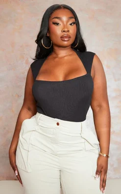 Plus Black Rib Cut Out Bodysuit
