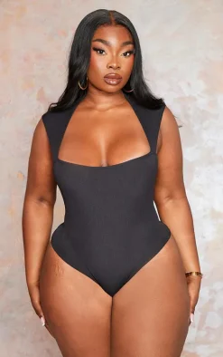 Plus Black Rib Cut Out Bodysuit