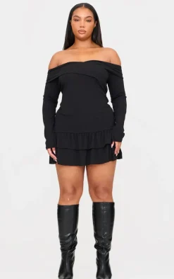 Plus Black Ribbed Bardot Cross Over Bust Detail Shift Dress
