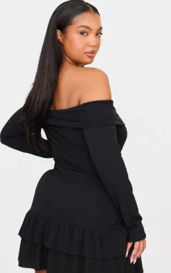 Plus Black Ribbed Bardot Cross Over Bust Detail Shift Dress