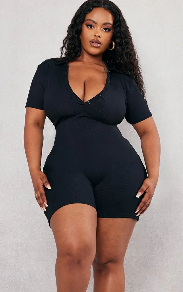 Plus Black Ribbed Button Up Romper