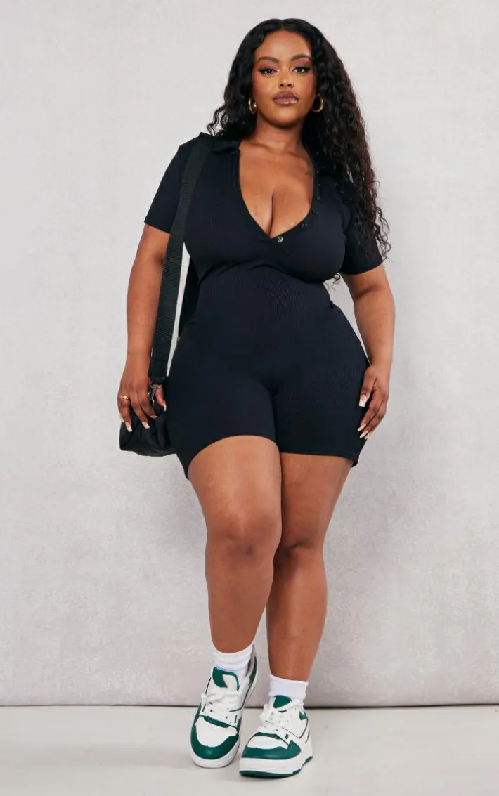 Plus Black Ribbed Button Up Romper