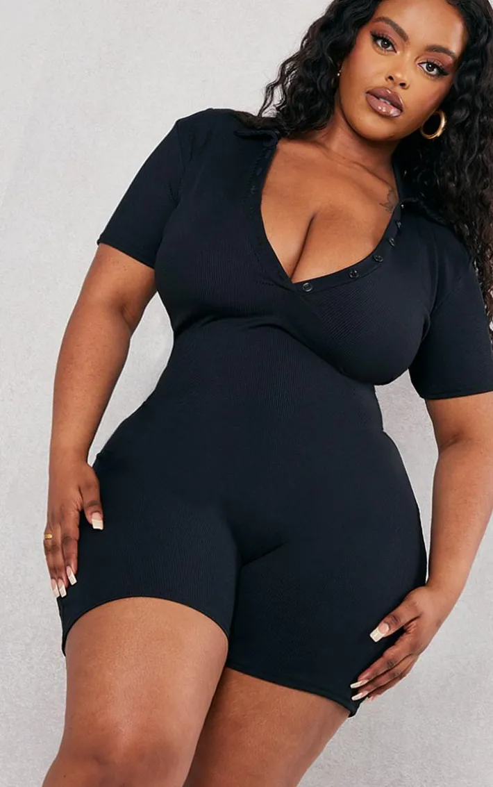 Plus Black Ribbed Button Up Romper