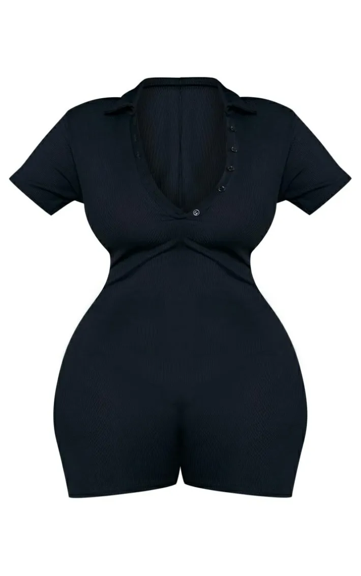 Plus Black Ribbed Button Up Romper