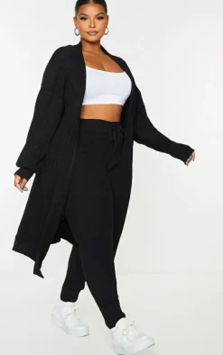 Plus Black Ribbed Knit Midi Cardigan