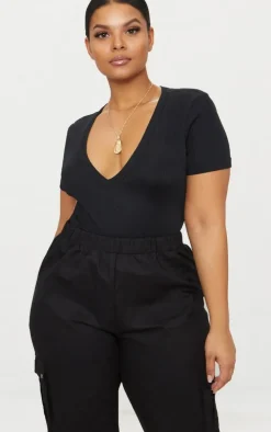 Plus Black Ribbed Plunge Short Sleeve Bodysuit