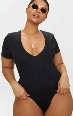 Plus Black Ribbed Plunge Short Sleeve Bodysuit