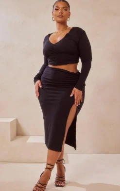 Plus Black Ruched Front Long Sleeve Top