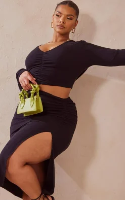 Plus Black Ruched Front Long Sleeve Top