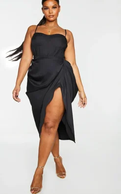 Plus Black Ruched Side Midi Skirt