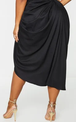 Plus Black Ruched Side Midi Skirt