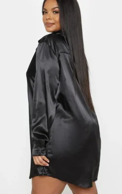 Plus Black Satin Button Front Shirt Dress