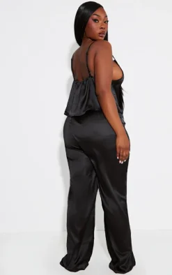 Plus Black Satin Cowl Neck Cami and Button Pant PJ Set