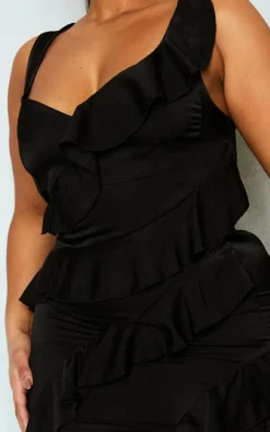 Plus Black Satin Frill Layered Maxi Dress