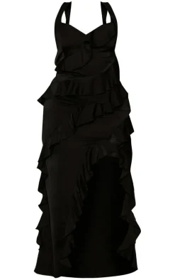 Plus Black Satin Frill Layered Maxi Dress