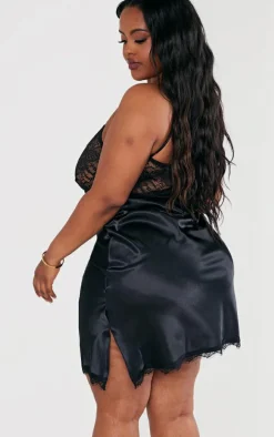 Plus Black Satin Lace Trim Slip Dress
