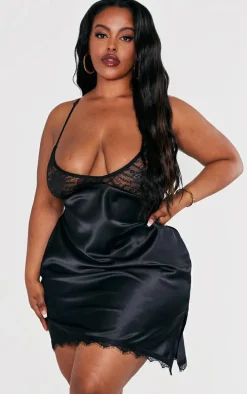 Plus Black Satin Lace Trim Slip Dress