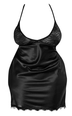 Plus Black Satin Lace Trim Slip Dress