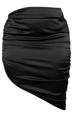 Plus Black Satin Ruched Asymmetric Mini Skirt