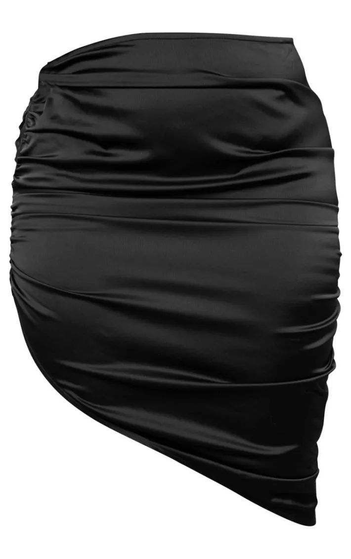 Plus Black Satin Ruched Asymmetric Mini Skirt
