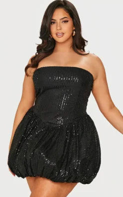 Plus Black Sequin Bandeau Mini Puffball Dress
