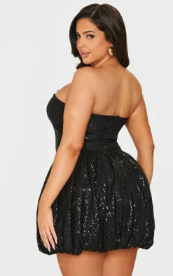 Plus Black Sequin Bandeau Mini Puffball Dress
