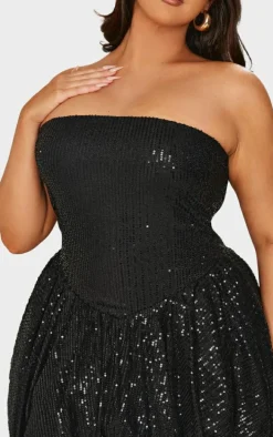 Plus Black Sequin Bandeau Mini Puffball Dress