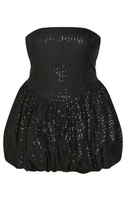Plus Black Sequin Bandeau Mini Puffball Dress