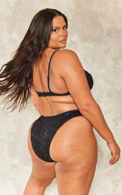 Plus Black Sequin High Waisted Bikini Bottoms