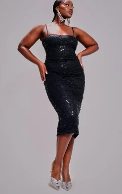Plus Black Sequin Mesh Midi Dress