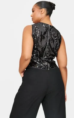 Plus Black Sequin Sleeveless Long Top