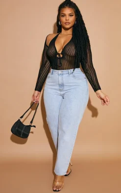 Plus Black Sheer Knit Bodysuit With Sleeves