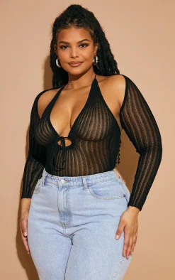 Plus Black Sheer Knit Bodysuit With Sleeves