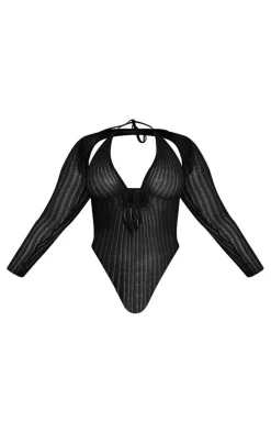 Plus Black Sheer Knit Bodysuit With Sleeves