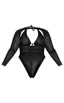 Plus Black Sheer Knit Bodysuit With Sleeves