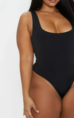 Plus Black Slinky Square Neck Thong Bodysuit